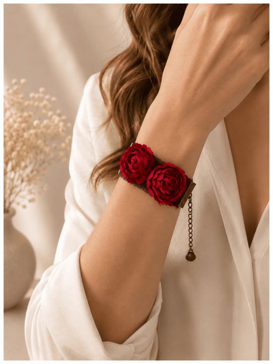 Bracelet fleurs rouges sur dentelle noire Bijou artisanal romantique vintage