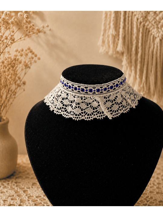 Collier Ras-de-Cou Dentelle Blanche et strass bleus Choker Romantique Femme