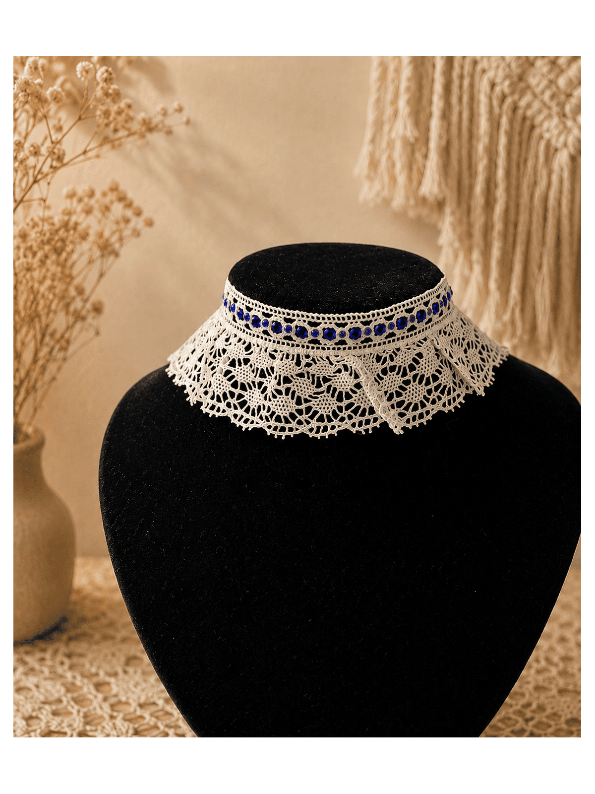 Collier Ras-de-Cou Dentelle Blanche et strass bleus Choker Romantique Femme