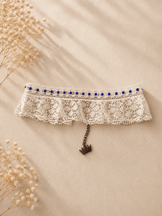 Collier Ras-de-Cou Dentelle Blanche et strass bleus Choker Romantique Femme