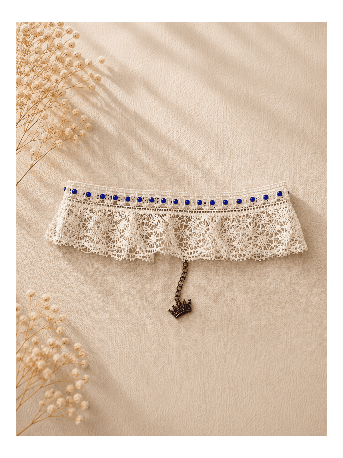 Collier Ras-de-Cou Dentelle Blanche et strass bleus Choker Romantique Femme
