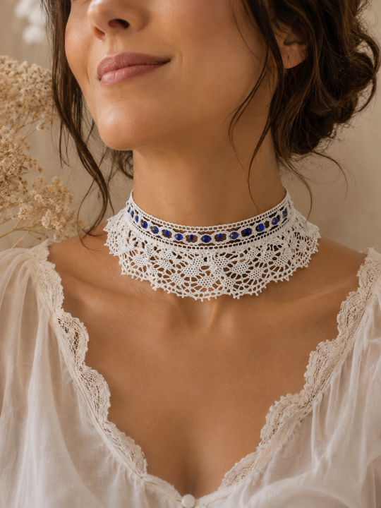 Collier Ras-de-Cou Dentelle Blanche et strass bleus Choker Romantique Femme