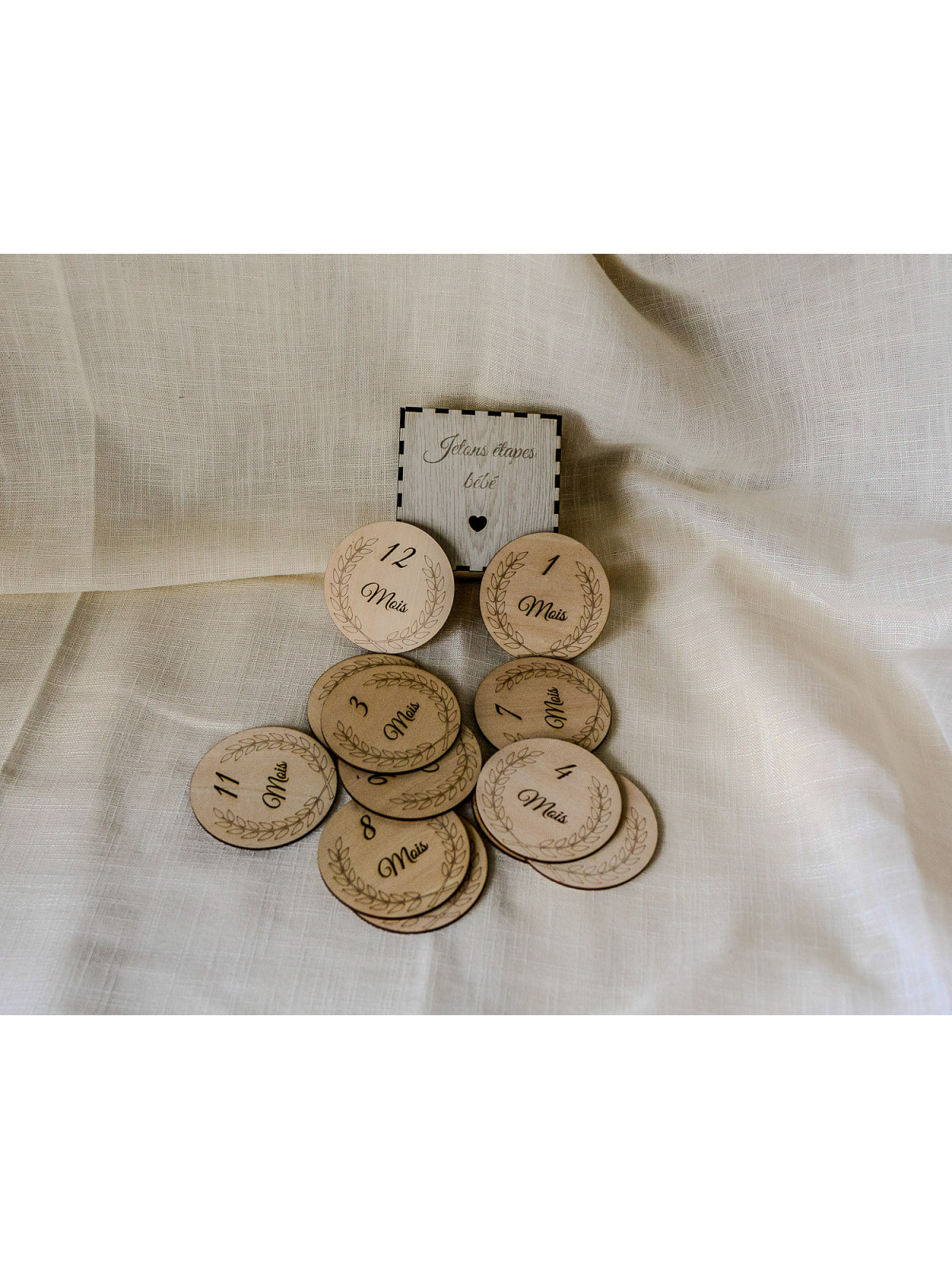 Coffret Jetons Étapes Bébé en Bois – 12 Mois | Avalenn Créations