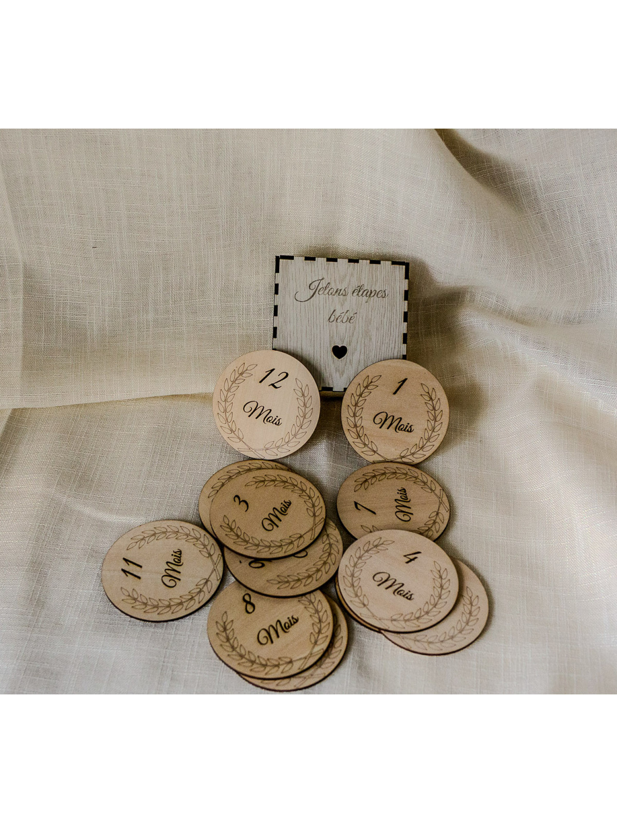 Coffret Jetons Étapes Bébé en Bois – 12 Mois | Avalenn Créations