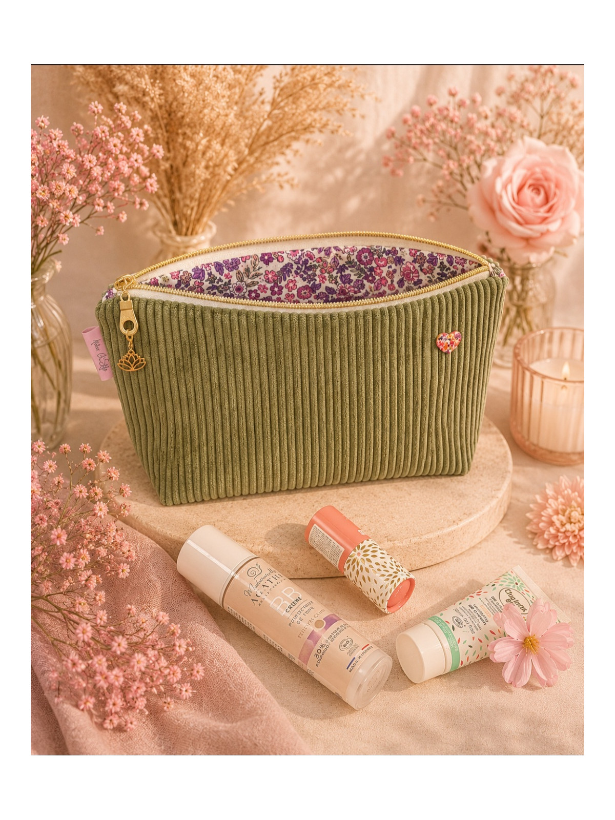 Grande trousse en velours côtelé vert
