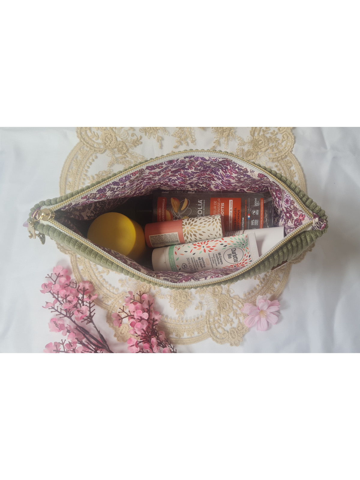Grande trousse en velours côtelé vert