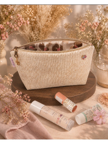 Grande trousse en velours côtelé beige lurex doré