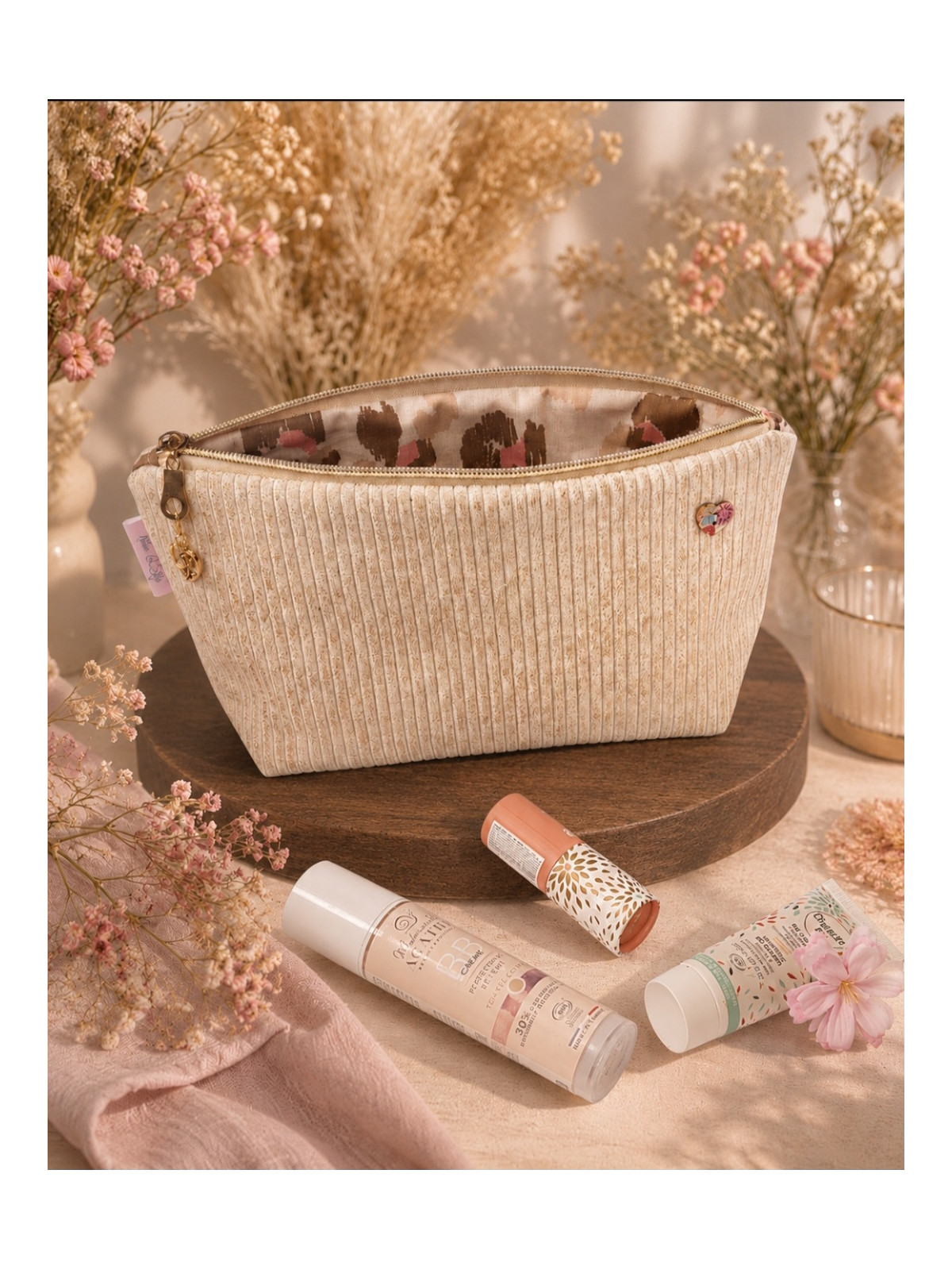 Grande trousse en velours côtelé beige lurex doré
