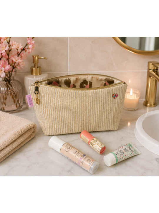 Grande trousse en velours côtelé beige lurex doré