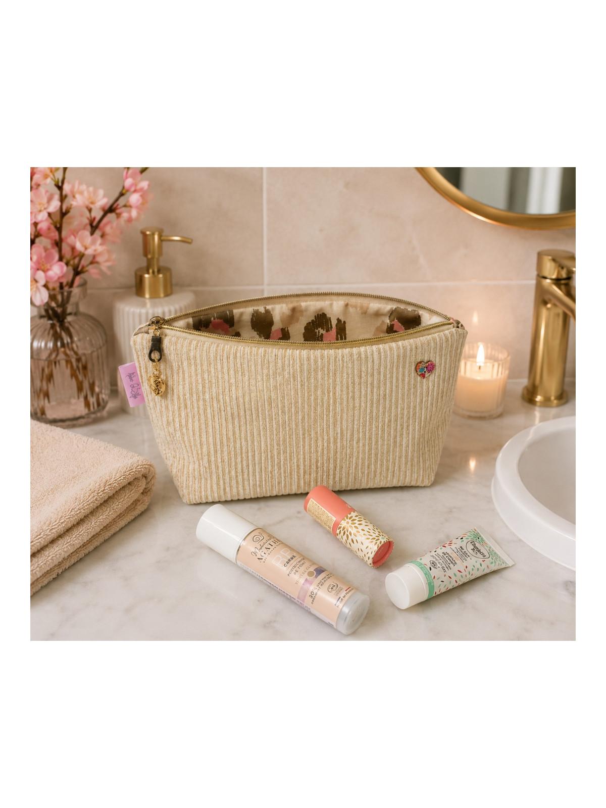 Grande trousse en velours côtelé beige lurex doré