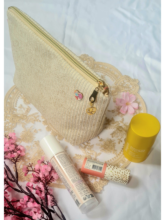 Grande trousse en velours côtelé beige lurex doré