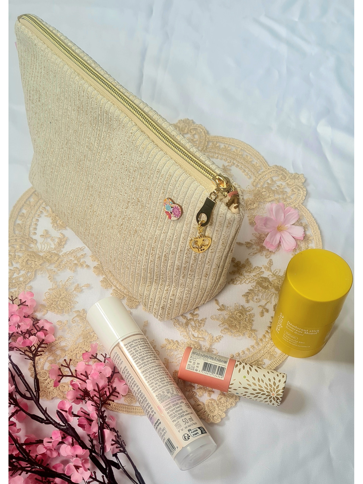 Grande trousse en velours côtelé beige lurex doré
