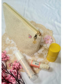 Grande trousse en velours côtelé beige lurex doré