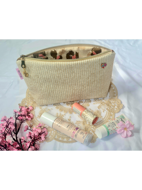 Grande trousse en velours côtelé beige lurex doré