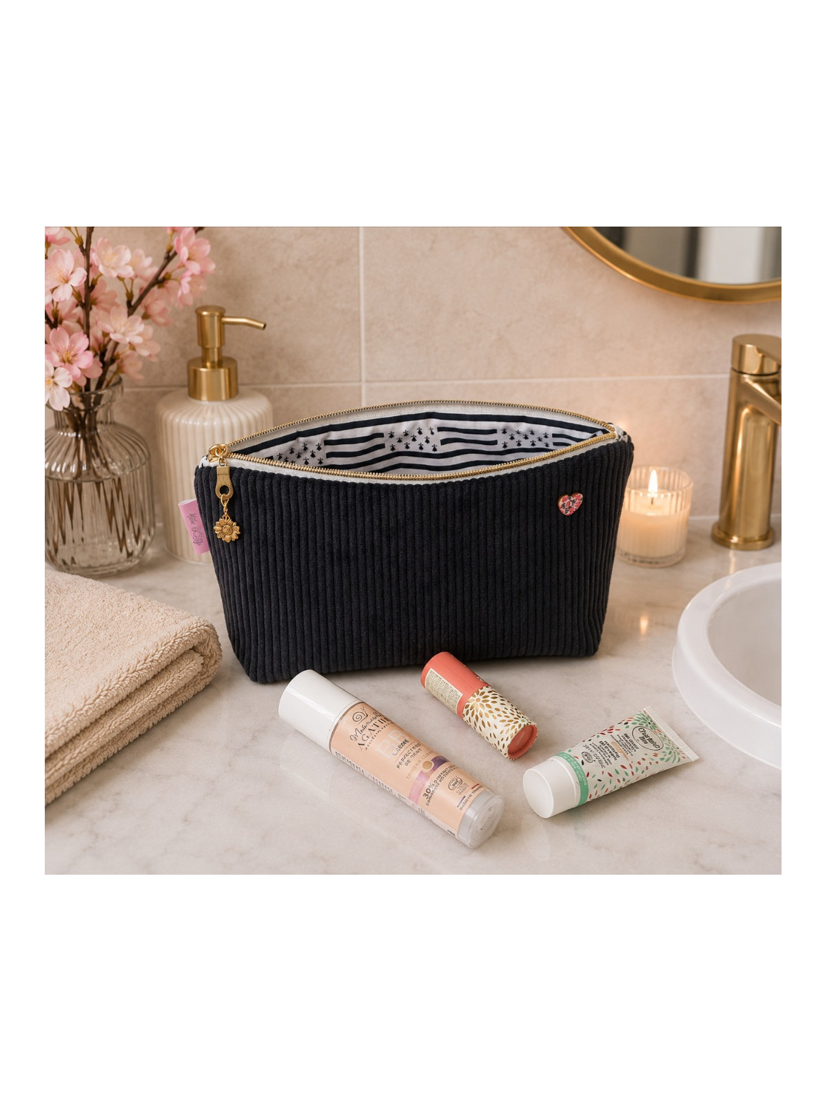 Grande trousse en velours côtelé noir et drapeau breton
