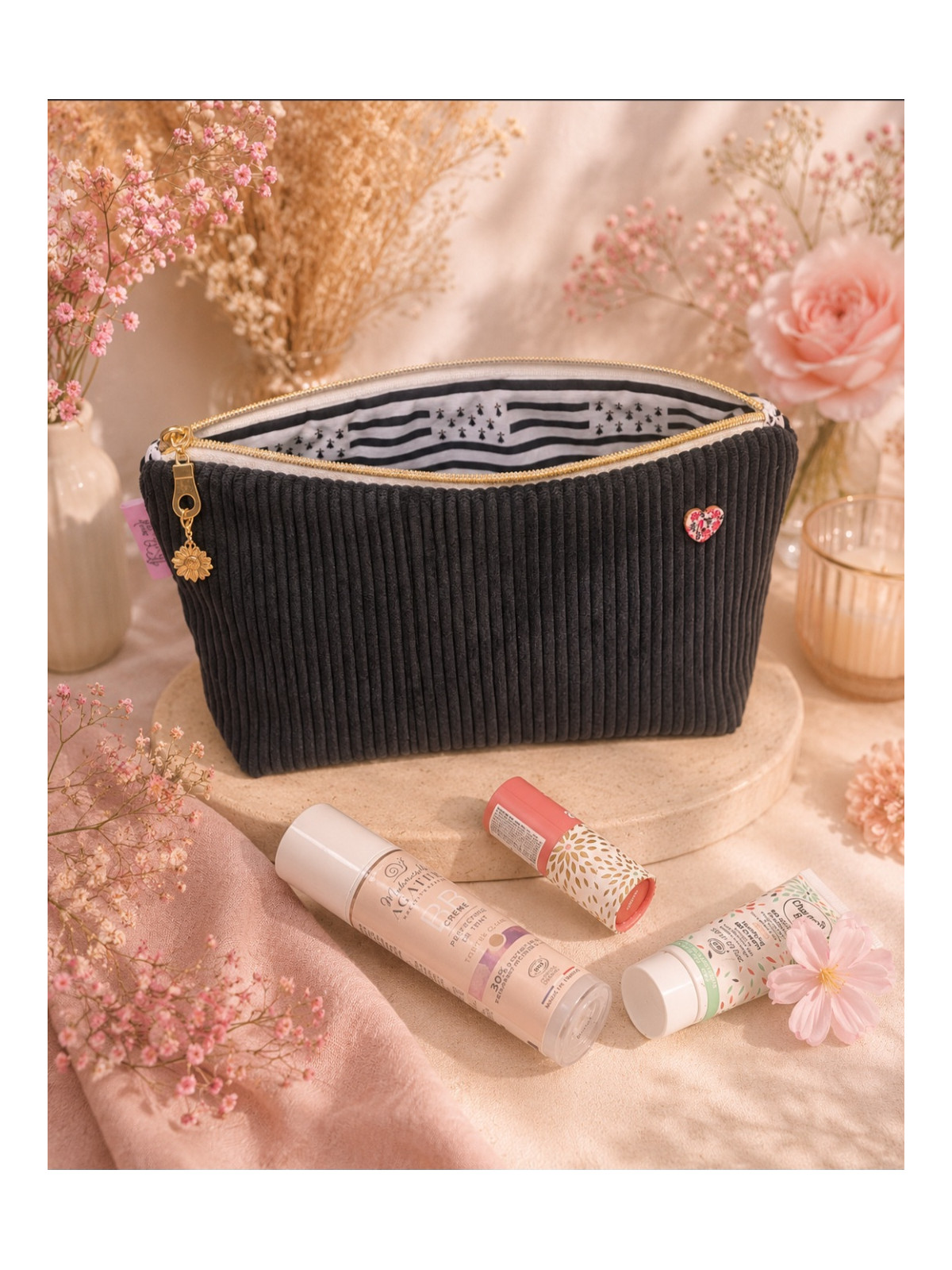 Grande trousse en velours côtelé noir et drapeau breton