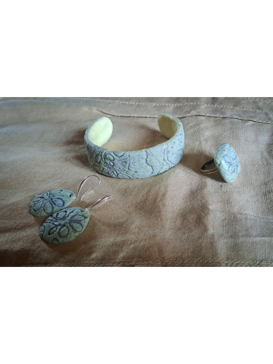 Parure Bague & Bracelet en Argile Polymère – Pistache Texturée | Pièce Unique