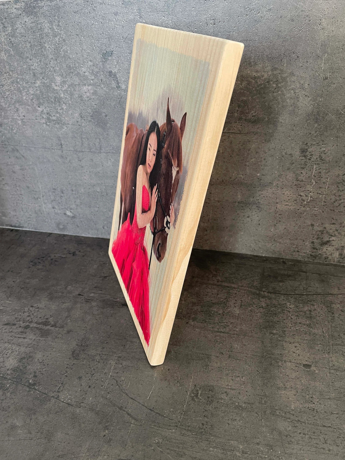 Photo sur bois femme et son cheval 20 x 30 cm
