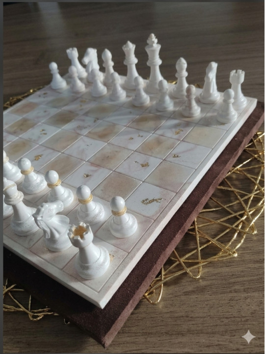 Échiquier en Résine Minérale et Feuille d'Or avec Boîte en Bois KRdeco