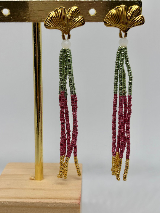 Boucles d'Oreilles Ginkgo et Franges Miyuki