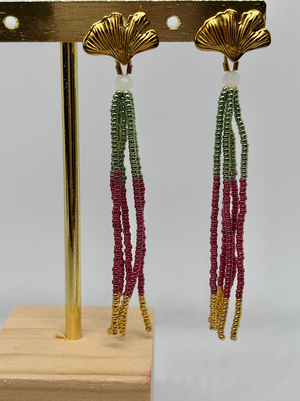 Boucles d'Oreilles Ginkgo et Franges Miyuki