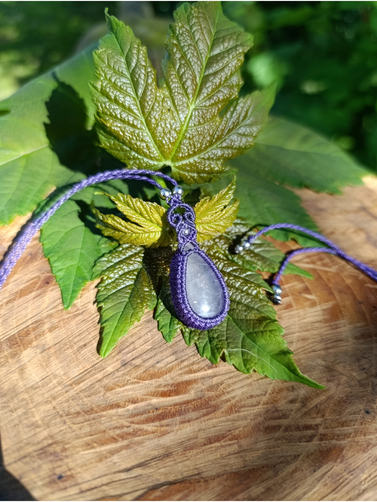 collier micromacramé pierre quartz rose