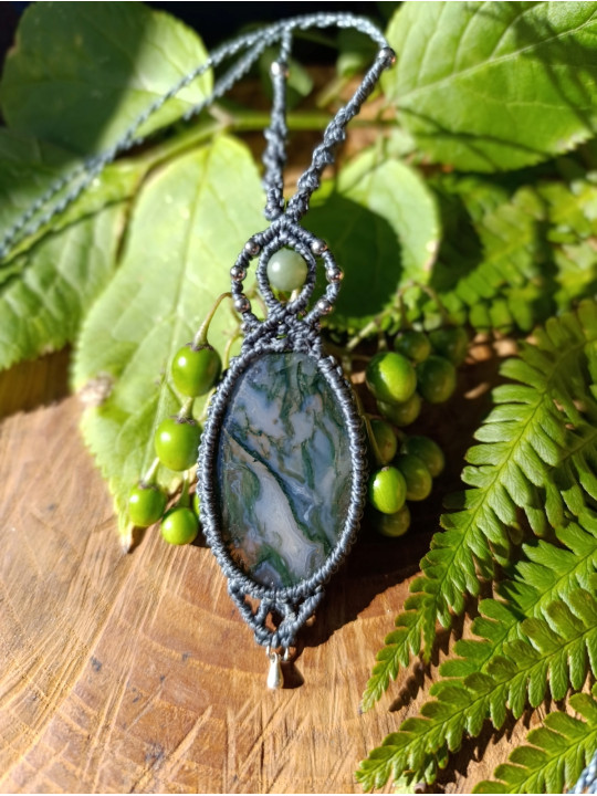 collier micromacramé pierre agate mousse