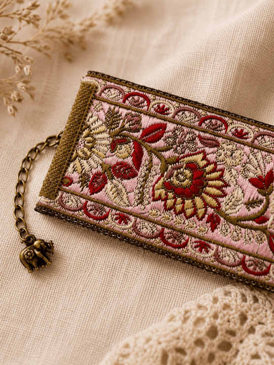 Manchette Fleurie Brodée Rose et Or – Bijou Bohème Chic Femme